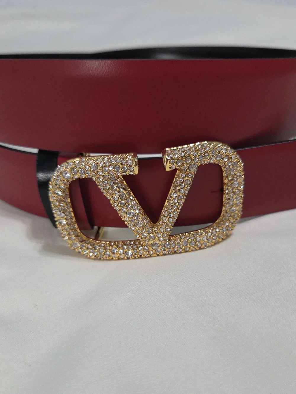 Valentino Garavani Red Black Belt with Gold Crystal Buckle